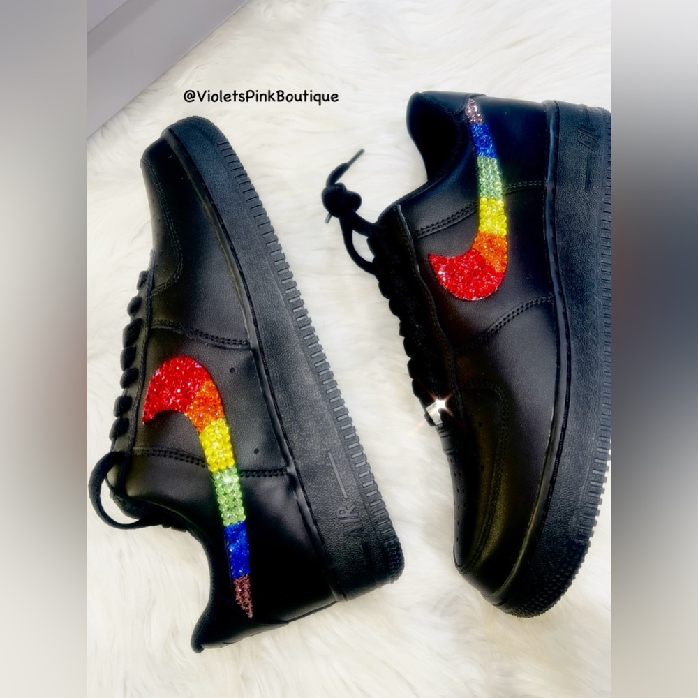 Custom Rainbow Black AF1 Nike Swarovski crystal Bling Nike Shoes